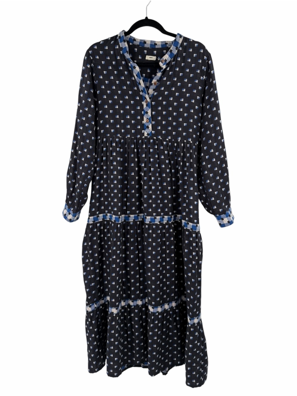 WARM NY Colonial Tiered Maxi Dress Peasant Cottagecore Blue Checked Size Large